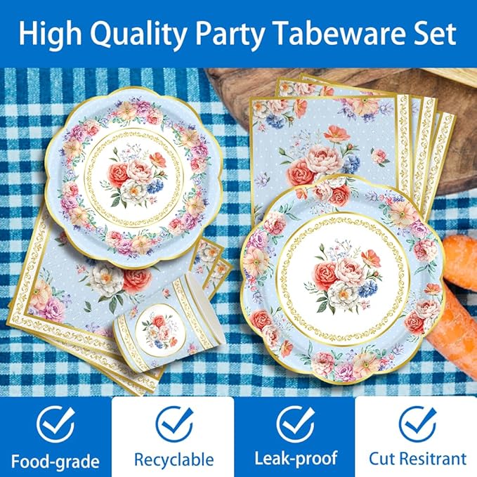 140Pcs Tea Party Decorations Tableware Set Floral Plates and Napkins for Birthday Party, Baby Showers, Bridal Showers, Wedding Bachelorette Party Supplies Floral Tea Party Plates, Serves 20 (Blue)