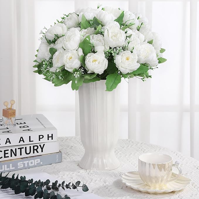 8 Pack White Peonies Artificial Flowers, Fake Silk Hydrangea Bouquet for Bridal Wedding Home Table Decor Reusable Dining Opening Ceremony Birthday Arrangement Faux Floral