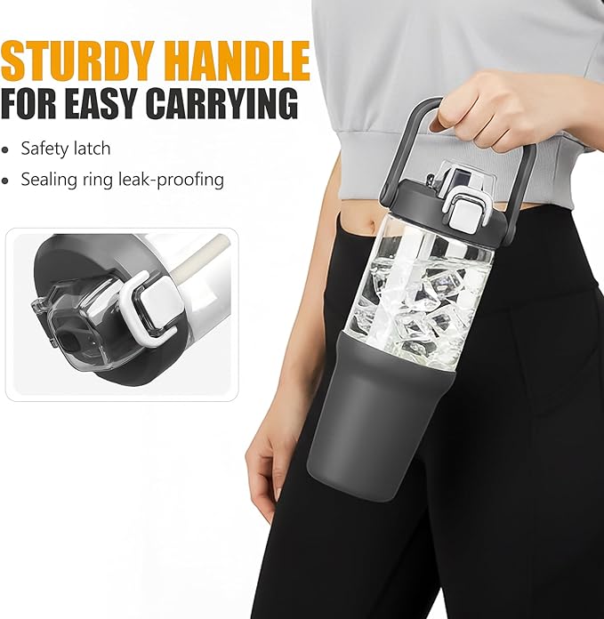 Glass Tumbler with Carry Handle, Clear Glass Water Bottle with Leakproof Lid, Spout Lid&Straw, BPA-Free, 32 oz, Grey