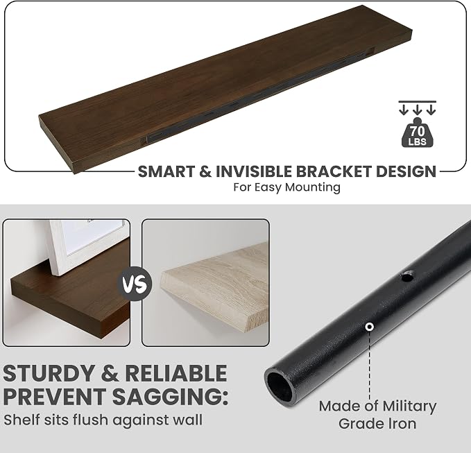 Marsmiles Solid Wood Floating Shelves for Wall, 48”W x 9”D x 1.56”H Large Wall Shelves for Living Room Bedroom Bathroom Kitchen Drcor Storage with Invisible Heavy-Duty Metal Bracket, Walnut, Set of 1