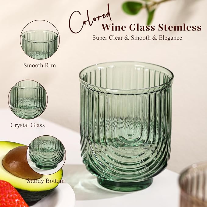 Colored Vintage Drinking Glasses Set of 6-15oz Hand-Blown Highball Ribbed Glassware, Arch Design Cocktail Glasses for Whiskey Water Beverages Ice Coffee Juice Milk