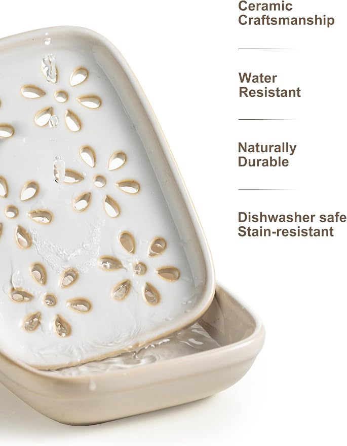 Miamolo Soap Dish for Shower with Drainage, Double Layer Bar Soap Holder, Ceramic Soap Saver Sponge Holder for Bathroom, Tub and Kitchen Sink, Slotted Draining Soap Dishes Extend Soap Life, Beige