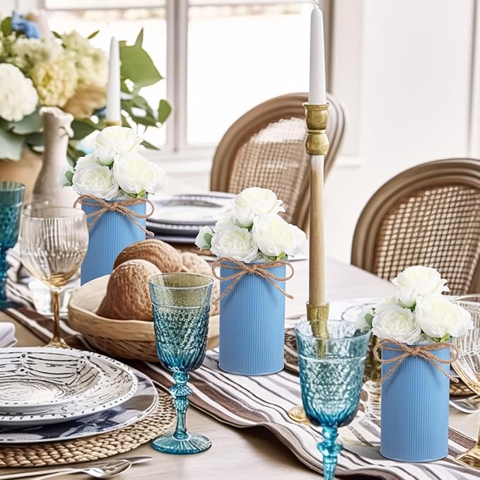 Domensi 5.91 in High Farmhouse Vase Decor Galvanized Metal Flower Vase with Twine Bow Vintage Rustic Tin Flower Buckets for Artificial Floral Table Container DIY(Haze Blue,8 Pcs)