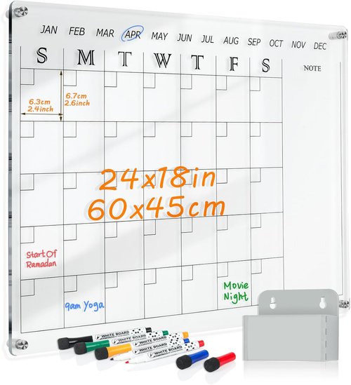 MAKELLO Acrylic Wall Calendar - 24" x 18" Clear Dry Erase Planner for Office, Home & School | Includes 4 Pens & Holder