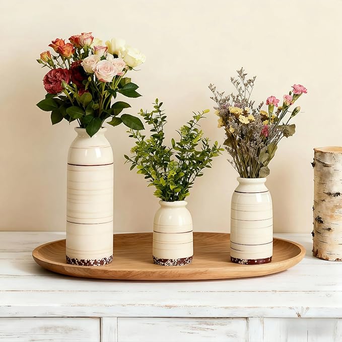 Ceramic Vase Set of 3 – Handcrafted Modern Farmhouse Decorative Vases for Boho Living Room Centerpieces, Entryway Decorations, Coffee Table, Bookshelf, Fireplace Mantel