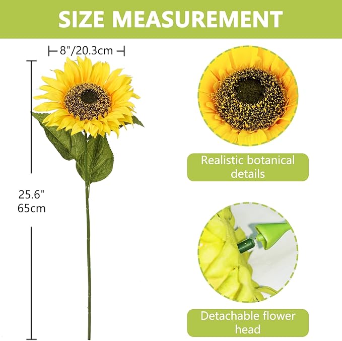 Large Sunflowers Artificial Flowers 8" Full Bloom Long Stem Artificial Sunflower 33" Tall Sun Flowers Giant Silk Sunflowers with Stem Fake Sunflower Floral Arrangement for Home Wedding Decoration