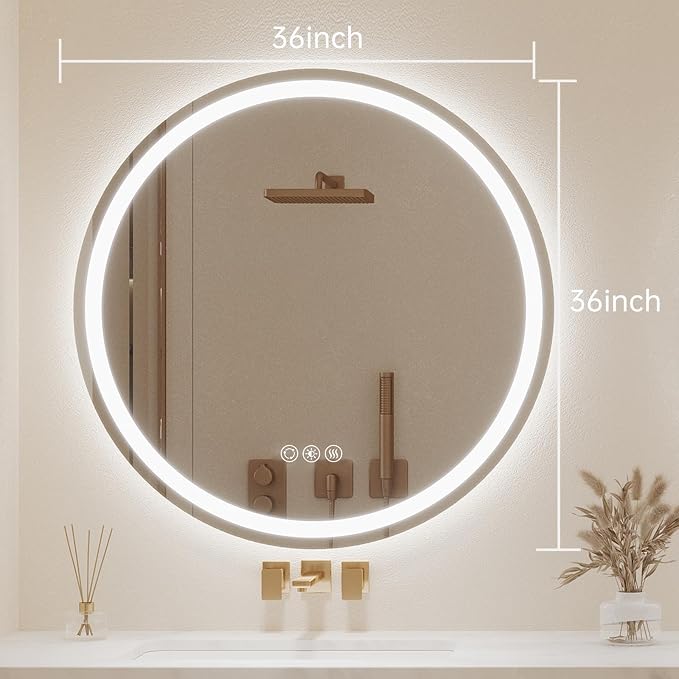 LOVESPEJO 36" Round LED Bathroom Mirror with Lights, Circle LED Mirror for Bathroom, Fogless, Dimmable, 3 Color Changing, IP54, Shatter-Proof
