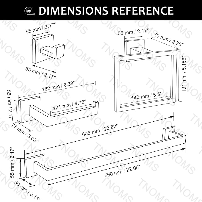 Bathroom Towel Bar Set 5 Pieces Brushed Nickel Square Modern Bathroom Hardware Set,Stainless Steel Wall Mounted 23.6-Inch