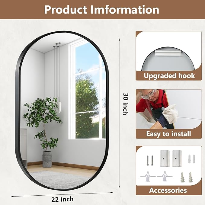 Black Oval Mirror, 22"x30" Oval Bathroom Mirror, Vanity Mirror with Brushed Metal Frame, Wall Mount Mirrors Decor for Bathroom, Bedroom, Entryway, Living Room(Hangs Horizontally or Vertically)