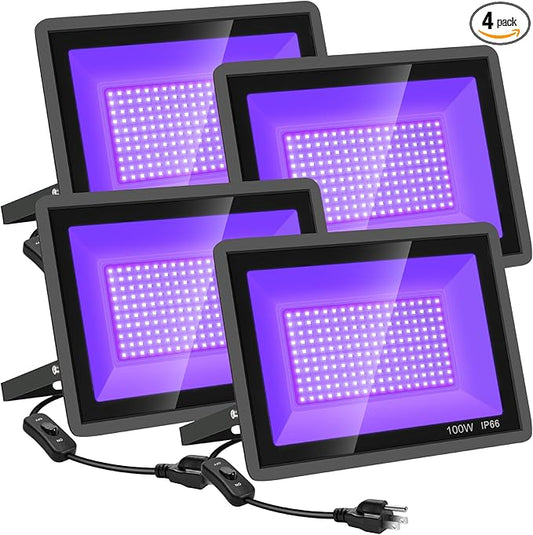 4 Pack 100W LED Black Lights, Blacklight Flood Light with Plug and Switch, 120VAC IP66 Waterproof Blacklight for Halloween Party, Glow in The Dark, Stage Light, Body Paint, Neon Glow