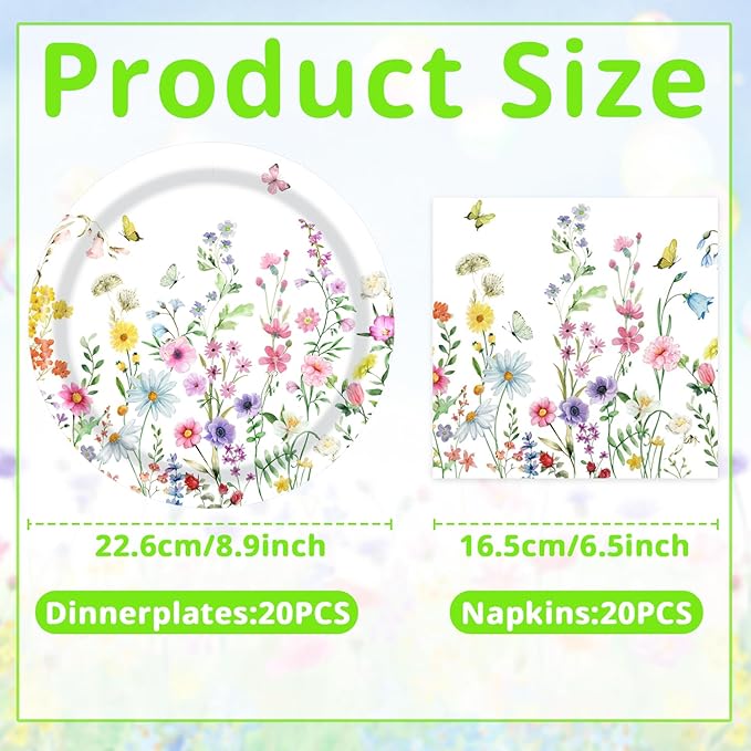 T-Antrix 40 Pcs Wildflower Plates And Napkins Party Supplies, Disposable Floral Wildflower Tableware Set for Spring Summer Picnic Wedding Birthday Tea Party Decoration Baby Shower Serves 20