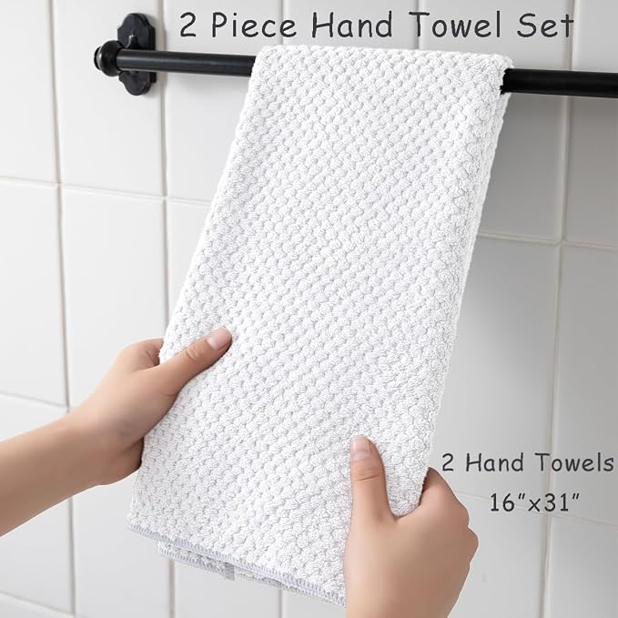 2 Pcs White Hand Towel Set 16"x31" Soft Highly Absorbent Quick Dry Bathroom Towels Polyester Plush Towels Set Woven Towels for Bathroom Kitchen Hotel Spa Gym