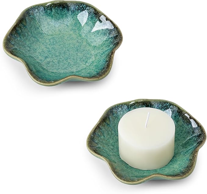 Koythin 2-Piece Ceramic Candle Holder, Aesthetics Candlestick Holders for Tea Lights, Lotus Leaf Shape Candle Stand for Mantle Table, Adorable Vintage Decor for Weddings Dining (Green)