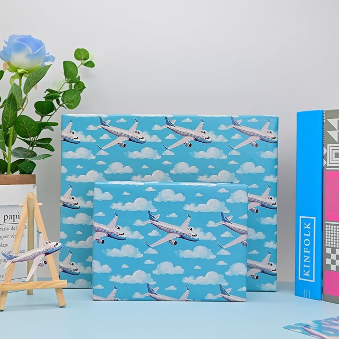 Altarho Airplane Wrapping Paper Blue Design Gift Wrapping Paper with Plane Cloud Pattern for Baby Shower Boy Girl Birthday Wedding Holiday - 19 X 27 Inches Per Sheet
