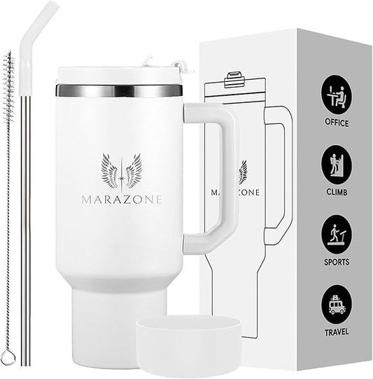 40 oz Tumbler with Straw and Leakproof Lid for Hot and Cold Drinks - Stainless Steel Travel Mug Fits Cup Holder, Reusable Water Bottle with accessories, Gift for Women and Men - Pure white