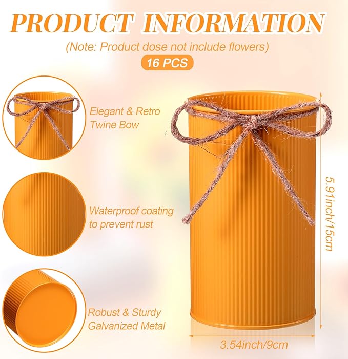 Domensi 5.91 in High Farmhouse Vase Decor Galvanized Metal Flower Vase with Twine Bow Vintage Rustic Tin Flower Buckets for Artificial Floral Table Container DIY(Yellow, Orange,16 Pcs)