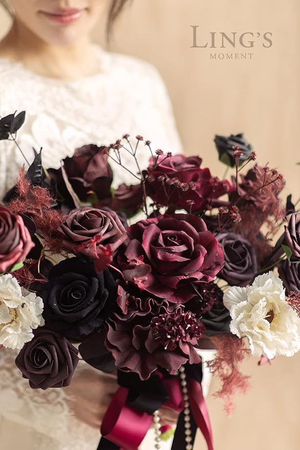 Ling's moment Fake Flowers Box, Faux Artificial Greenery Stems Foam Roses Peonies Silk Eucalyptus Leaves Fabic Flower for Centerpieces Bouquet Wedding Vase Decorations, Burgundy & Black, Deluxe Combo