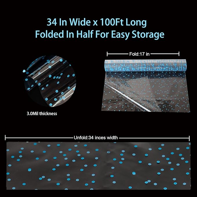 CMFYHM Clear Cellophane Wrap Roll (34" x 100’Ft) Blue Polka Dot Cellophane, Transparent Cellophane Wrap Roll for Treats, Gifts, Baskets, Flowers, Birthday Party,Easter, Christmas Decorations