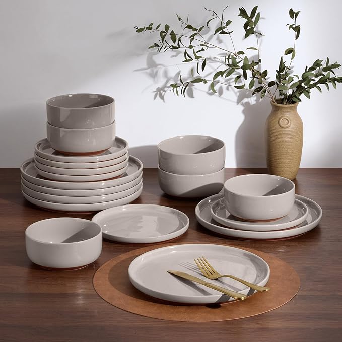 E-far 18-Piece Ceramic Dinnerware Sets, Plates and Bowls Sets for 6, Stoneware Dishware Dishes Set with Terracotta Base, Chip & Scratch Resistant, Microwave & Dishwasher Safe, Speckled Khaki