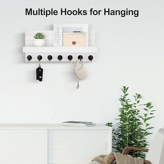 Lwenki Key Holder Wall Mount, Entryway Key and Mail Holder with 7 Sturdy Hooks for Sunglasses, Dog Leash, Decorative Wall Shelf with Mounting Hardware, 15”W x 6.7”H x 4.2”D (White)
