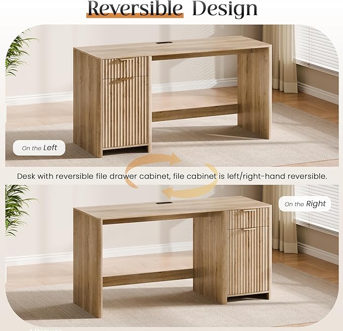 60" Fluted Home Office Desks with Storage, Modern Executive Desk Computer Desk with Drawer & Cabinet, Wood Work Desk for Office, Bedroom, Study, Living Room, Oak