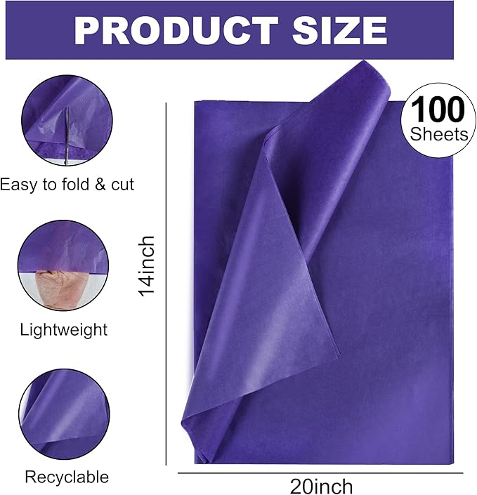 BEISHIDA 100 Sheets Dark Purple Tissue Paper Bulk, Wrapping Tissue Paper for Gift Bags, 14 x 20 Inch Gift Wrap for Halloween Birthday Graduation DIY Crafts Holiday Flowers