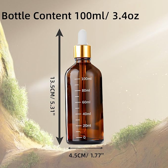 Amber Glass Dropper Bottle 3.4 oz, 2x100ml Amber Brown Glass Eye Dropper Bottles for Essential Oils with Dropper Pipettes, Funnel, and A Plastic Measured Dropper for Diffuser, Beauty Oil Mix