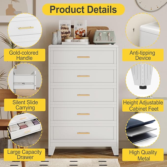 5 Drawers Tall White Dresser for Bedroom, 52.16" Metal Dressers & Chests of Drawers Curved Corner Design, Storage Organizer Drawer Chest with Large Capacity for Living Room, Hallway, Entryway