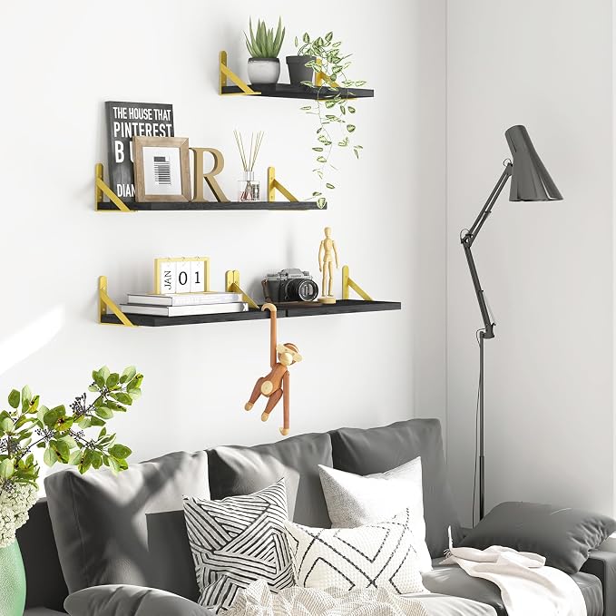 YGEOMER Floating Shelves for Wall, Different Sizes Black Wall Shelves for Living Room, Bathroom, Bedroom, Kitchen, Home Decor (Set of 4)