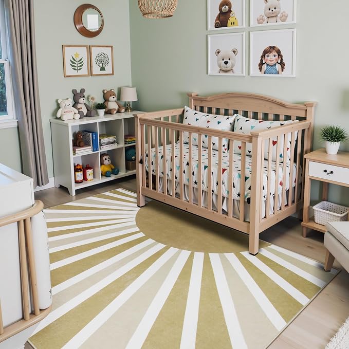 Lahome Rug for Living Room - 5'x7' Area Rug Washable Non-Slip Bedroom Carpet Ultra-Thin Cute Soft Kids Nursery Rug, Boho Rainbow Sun Print Non-Shedding Indoor Rugs for Entryway Office (5'x7', Khaki)