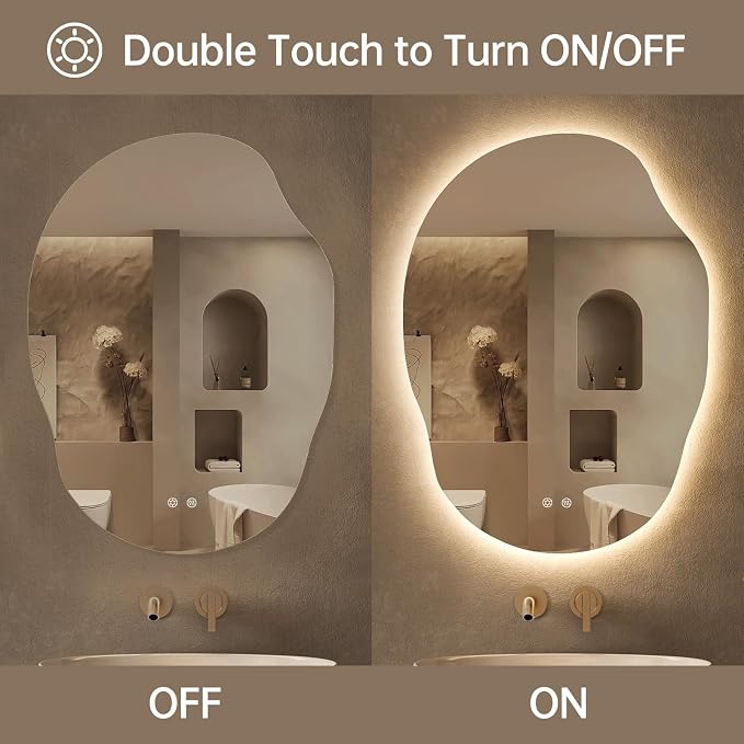 LOVESPEJO Irregular Backlit Mirror Bathroom 25x35 Inch, Asymmetrical LED Bathroom Mirror with Lights, Fogless, Dimmable, 3 Color Changing, Horizontal/Vertical