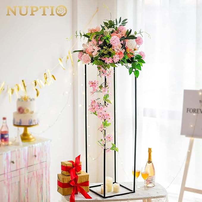 Nuptio Metal Black Vase, 2 Pcs 39.4 inch Tall, Elegant Cylinder & Square Vase for Wedding Centerpieces, Home Party Decorations