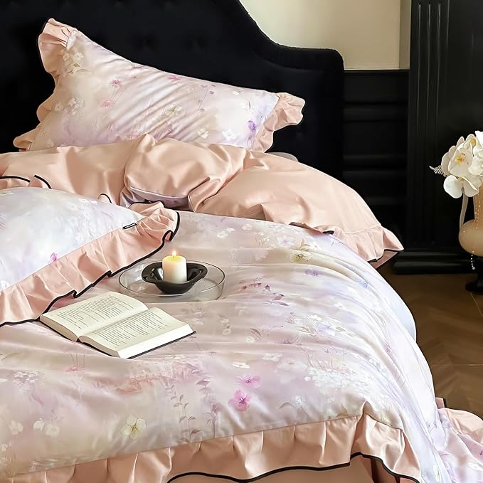 HighBuy Farmhouse Floral Ruffle Duvet Cover Set Twin Pink Ruffle Brushed Cotton Bedding with Zipper Closure,Shabby Vintage Bedding Set for Hot Sleepers - 1 Duvet Cover and 2 Pillowcases
