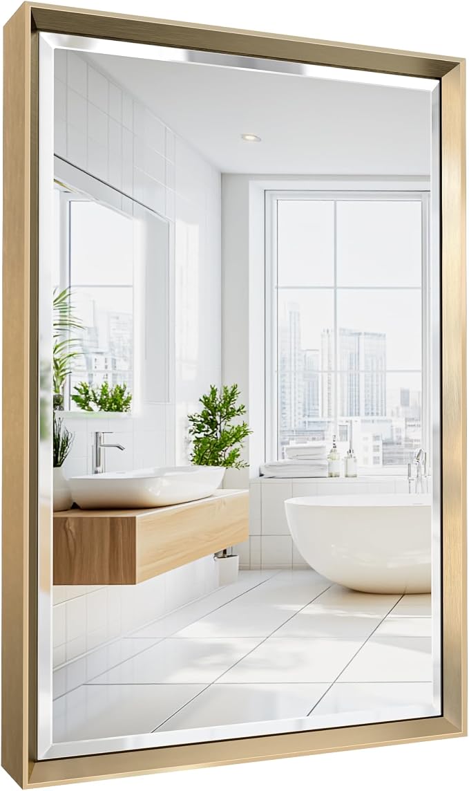 Brushed Gold Bathroom Mirror, 16''x 24'' Beveled Gold Bathroom Vanity Mirror, Anti-Rust Gold Framed Rectangle Wall Mirror Decorative, Brushed Gold Metal Frame Mirror Horizontal/Vertical