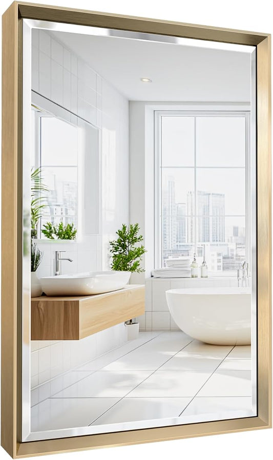 Brushed Gold Bathroom Mirror, 16''x 24'' Beveled Gold Bathroom Vanity Mirror, Anti-Rust Gold Framed Rectangle Wall Mirror Decorative, Brushed Gold Metal Frame Mirror Horizontal/Vertical
