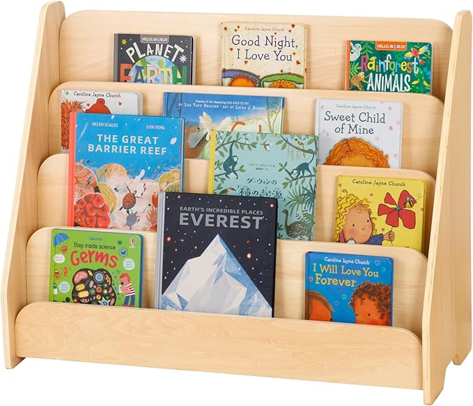 OOOK Kids Bookshelf, Wooden 4-Tier Front Facing Book Display Shelf for Kids, Toddler Montessori Bookshelf for Classroom, Playroom, Nursery