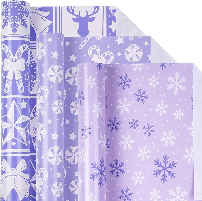 LeZakaa Christmas Wrapping Paper Mini Roll - Bell & Tree/Candy Canes/Snowflakes Design in Light Purple for Gift Wrap, Arts Crafts - 17 x 120 inches - 3 Rolls (42.5 sq.ft.ttl.)