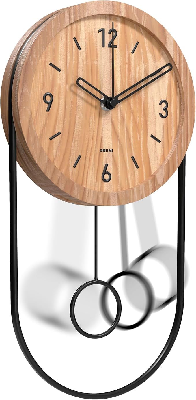 Driini Decorative Wall Clock with Pendulum (Oak) – Modern Wood, 3D Gold Numbers, Metal Frame – Small, Unique Wall Clocks for Living Room Decor or Bathroom - Battery Operated, Silent, Non-Ticking