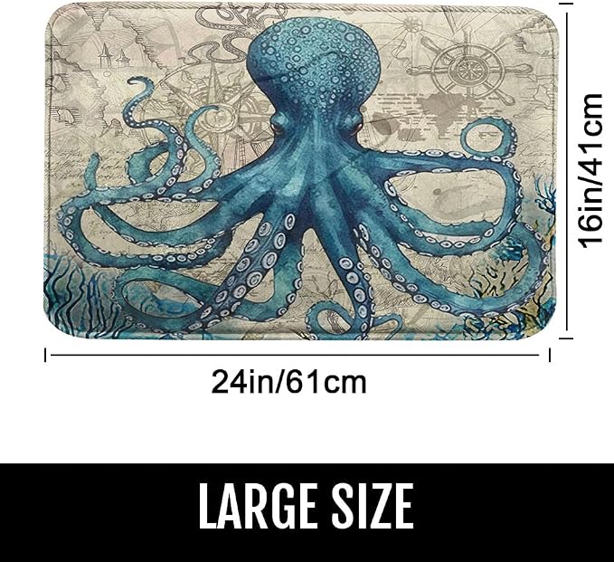 Britimes Blue Bath Mat for Bathroom Sea Theme Octopus Washable Floor Rug Carpets Floor Mat Bathroom Decorations 16x24 inches for Kitchen Bedroom Indoor