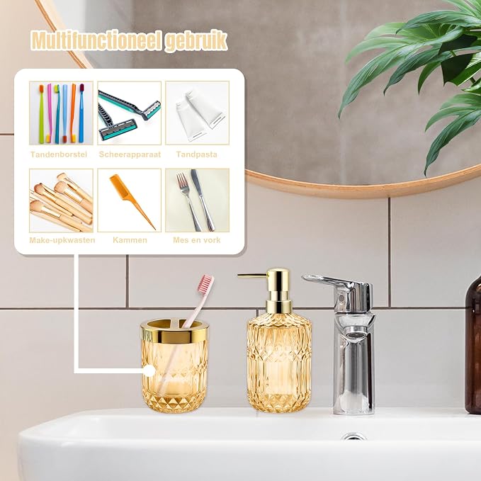 2Pcs Golden Bathroom Accessories Set, Glass Bathroom Accessories, Vintage Bathroom Countertop Decoration Includes Soap Dispenser, Toothbrush Holder