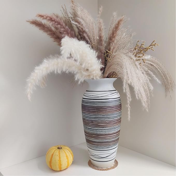 Ceramic Rustic Farmhouse Vase, 12.6” Large Vintage Flower vase for Home Decor, Tall Boho Textured Vases for Living Room, Table, Mantel, Shelf and Centerpieces Decor and Housewarming (B)