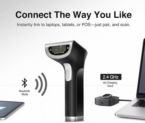 Scanmarker Wireless Barcode Scanner - Boost Speed & Accuracy with Bluetooth & 2.4G Modes | Handheld QR Scanner with Charging Stand for Laptop, iOS & Android