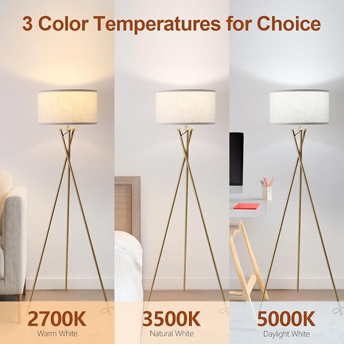EOEYYOYB Modern Tripod Floor Lamp, Mid Century Reading Standing Lamp with 3 Color Temperatures and Foot Switch, Modern Night Light for Living Room, Bedroom, Office Décor, Gold