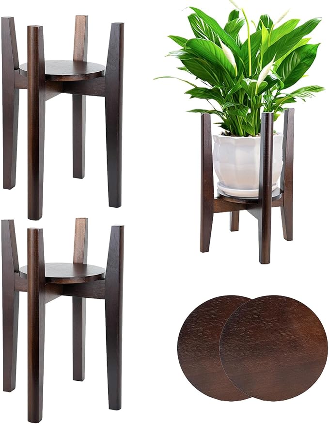 2 Packs Adjustable Plant Stand with Tray,Indoor Wood Plant Stand Fit 8'' to 12'' Planter,Mid Century Modern Flower Pot Holder Rack(Plant and Pot Not Included) Walnut