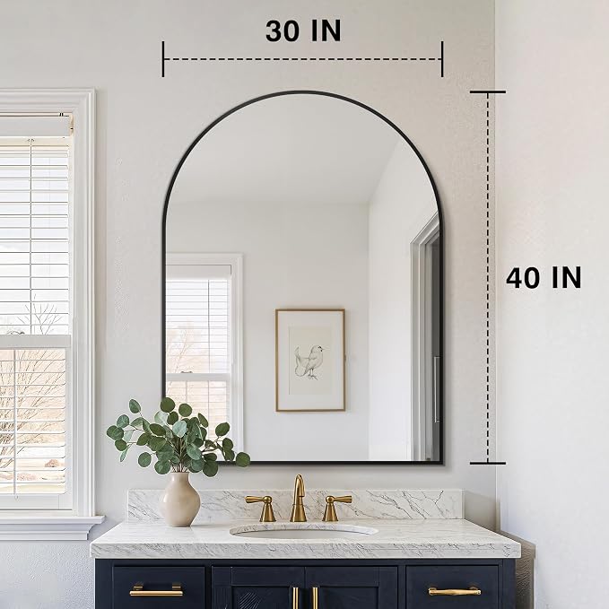 FICTOR Bathroom Mirror for Wall, Arched Vanity Bathroom Mirror for Over Sink, Metal Framed with HD Shatter-Proof Glass for Entryway, Living Room,Bedroom(30” x 40”, Black)