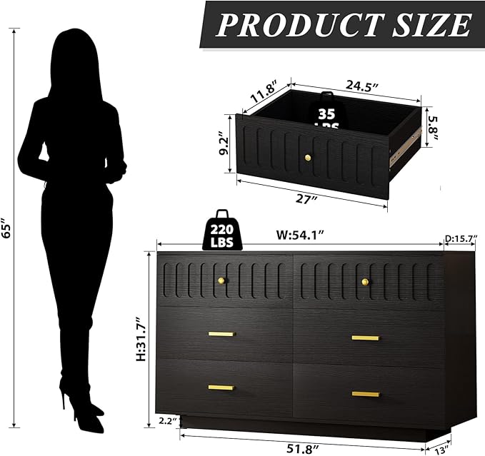 IBF Fluted Dresser with 6 Drawers for Bedroom, Large Wooden Chest of Drawers with Anti-Tipping Design for Men,Women, 54" Wide Modern Cloth Storage Dressers for Nursery,Closet,Living Room, Black Oak