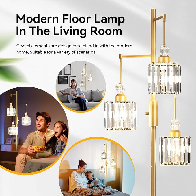 Black Tree Floor Lamp with 3 Crystal Cage Lampshades & Dimmable Bulbs - 70" Vintage Glam Standing Lamp for Living Room Bedroom, Industrial Modern Decor with Crystal Ball Accents (Gold)