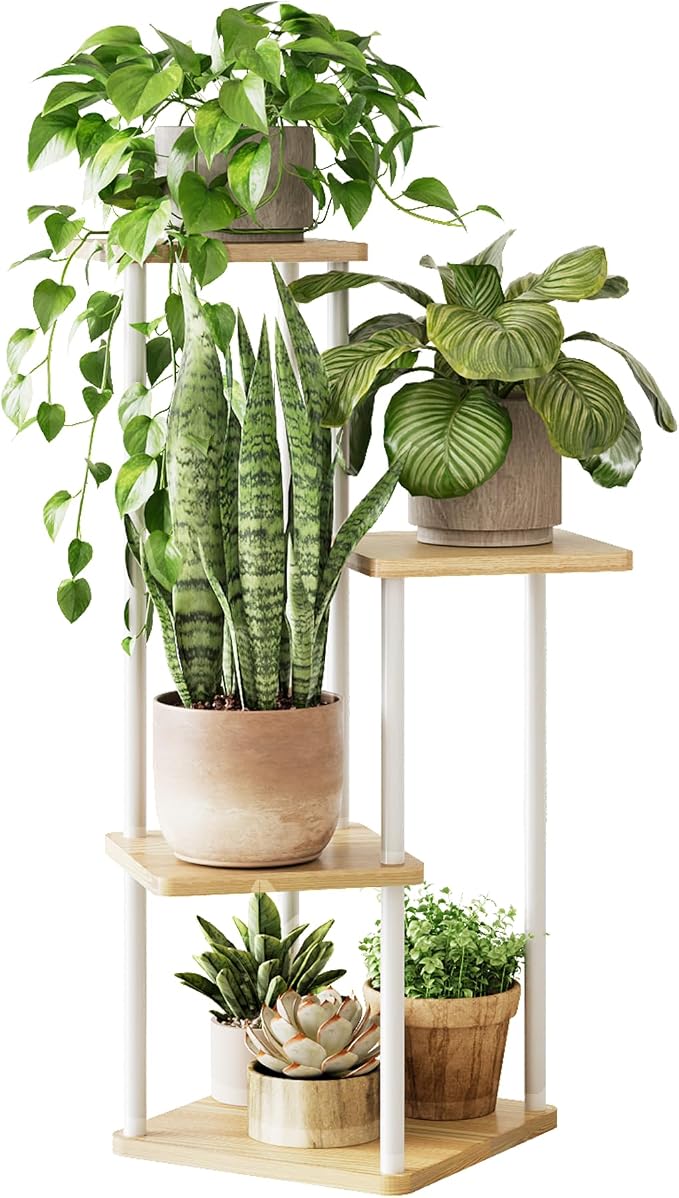 GENTINGBRO Tall Plant Stand Indoor 4 Tiered Plant Shelf for Multiple Plants Coner Shelf Stand Wood Plant Stand Metal Shelving for Living Room Bedroom Balcony Patio White