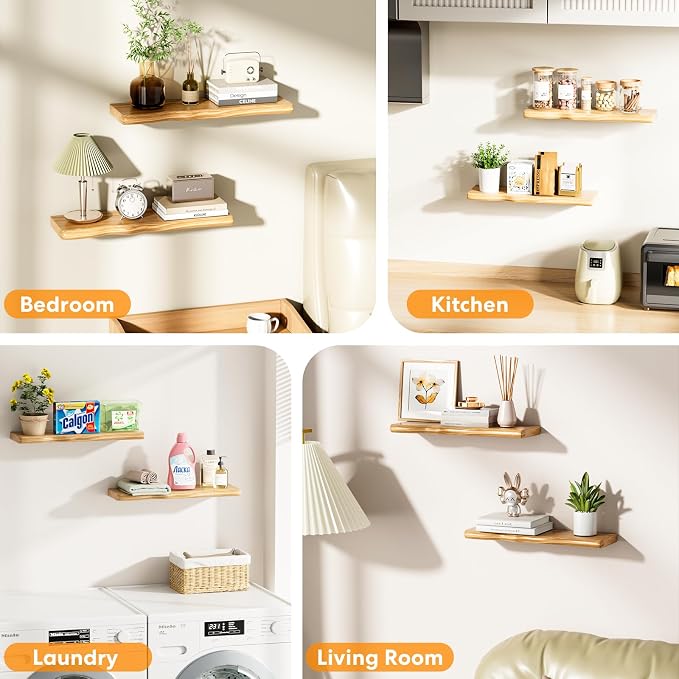 Floating Shelves for Wall 24 Inch Wooden Floating Shelves Live Edge Shelf with Unique Natural Grain Wall Mounted Rustic Pine Wood Shelf for Living Room Bedroom Kitchen Bathroom (Natural)