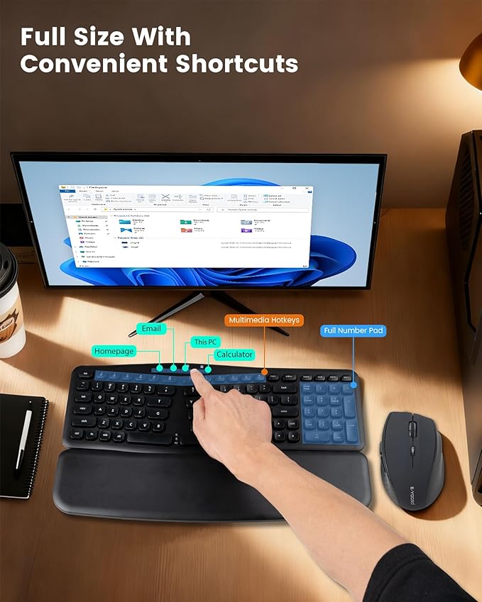 XUANGUI Silent Wireless Computer Keyboard and Mouse Combo with Magnetic Wrist Rest, Ergonomic Cordless Full Size Key Board and 4800 DPI Quiet Mice Set for PC Laptop Tablet, Office and Home Use